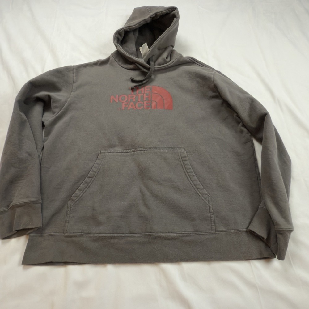 The North Face Mens Hoodie Sweatshirt Grey With‎ Red Letters XL Kangaroo Pocket